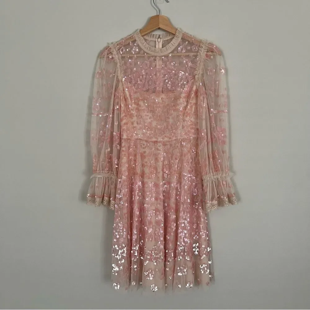 BHLDN Needle & Thread Pink Sequin Long Sleeve Dress, Size 0 NWOT